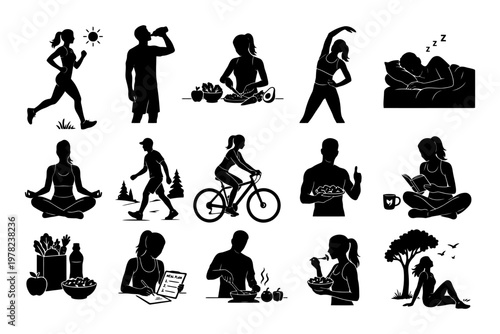 Silhouettes of fitness and relaxation activities.