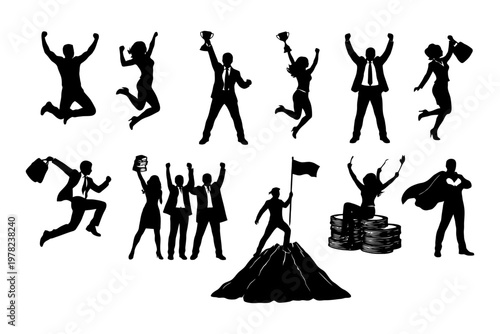 Silhouette figures celebrating success with trophies and climbing mountain.