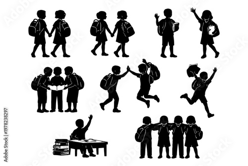 Silhouettes of school children engaged in various activities.