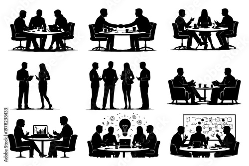Business meeting silhouettes - diverse professionals collaborating at tables and discussing ideas.