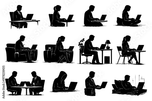 Silhouettes of adults working on laptops in various settings.