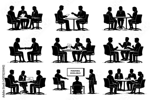 Professional business meetings and interviews with diverse people in office setting.