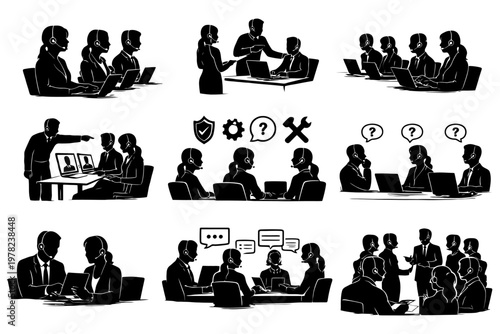 Silhouette call center teamwork and communication scenes.