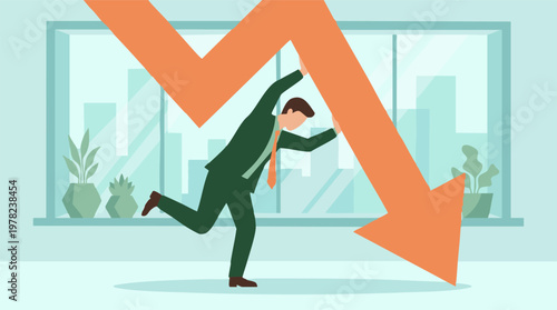 Businessman combating economic decline, holding up a large downward arrow