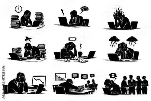 Office stress and exhaustion depictions in black and white illustrations.