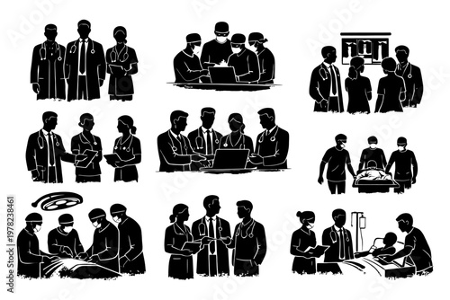 Healthcare professionals in various medical scenarios.