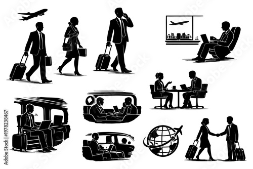 Business travel silhouettes of professionals with luggage and airplanes.