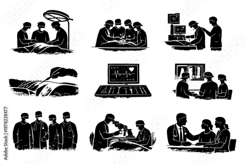 Medical team in surgery and consultation scenarios - black and white illustrations.