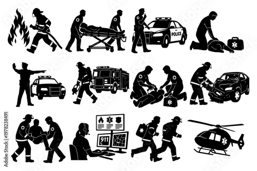 Emergency responders: police, firefighters, paramedics in action silhouettes.