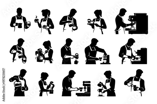 Silhouette collection of baristas preparing coffee with various machines and techniques.