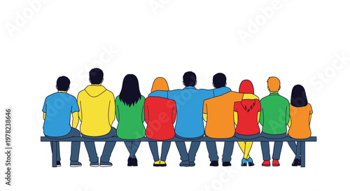 A row of people seated together viewed from behind in a flat silhouette