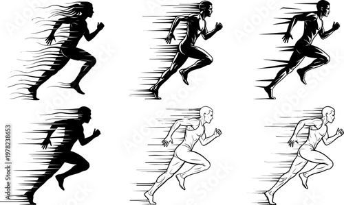 Running Athlete Silhouette Icon Set with Speed Motion Effects for Fitness, Sport, and Training Illustrations