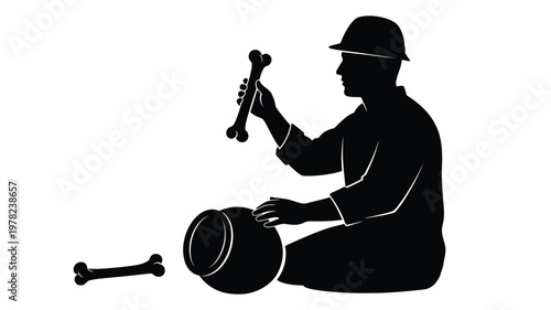 Archaeologist examining ancient bones and pottery a striking silhouette