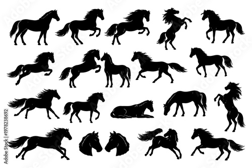 Silhouette collection of horses in various poses and movements.