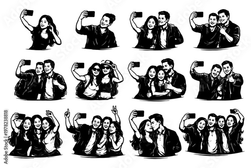 Black and white cartoon selfie compilation of diverse young adults.