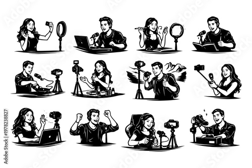 Diverse caucasian and asian young adults creating makeup and vlogging content.