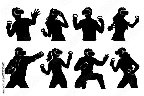 Virtual reality gaming enthusiasts silhouettes with vr headsets and controllers.
