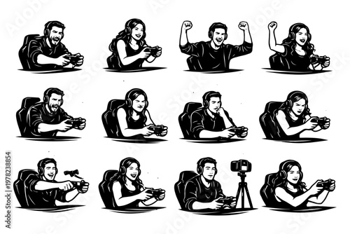 Set of cartoon gamers enjoying video games with headsets.