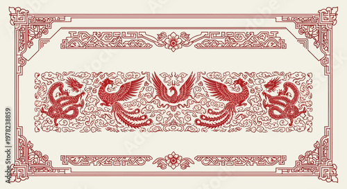 Intricate red and beige ornamental design.