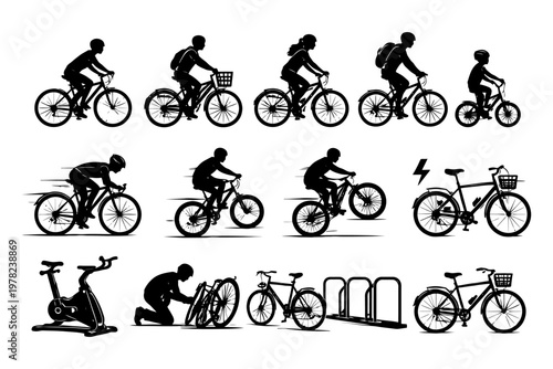 Silhouettes of diverse people cycling and bicycle variations.