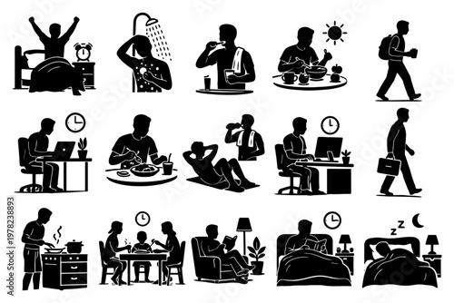 Daily routine silhouette illustrations of men and women performing various activities.