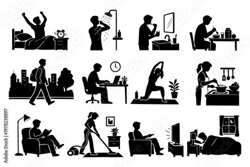 Daily routine silhouettes: activities from morning to night.
