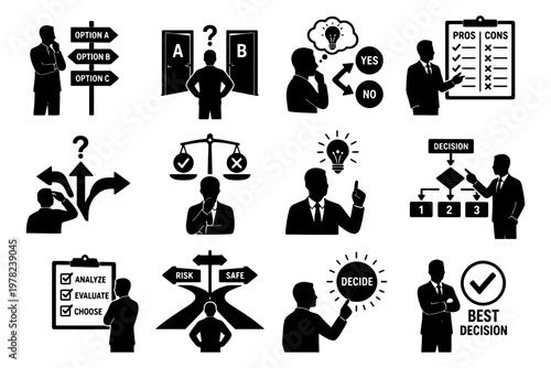 Decision-making concepts with business silhouettes and symbols.