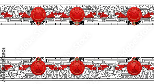 Intricate red and silver ornamental border designs.