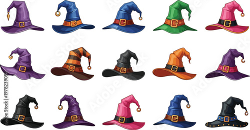 Colorful Witch Hat Set with Various Designs, Styles, and Buckle Details for Halloween, Fantasy, and Costume Graphic Designs
