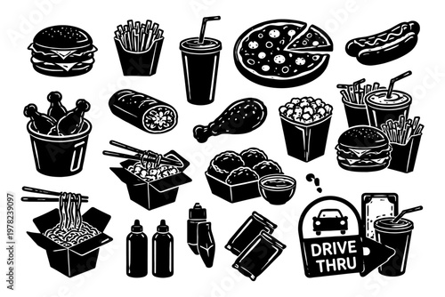 Variety of fast food icons in black and white featuring burgers, pizza, and drinks.
