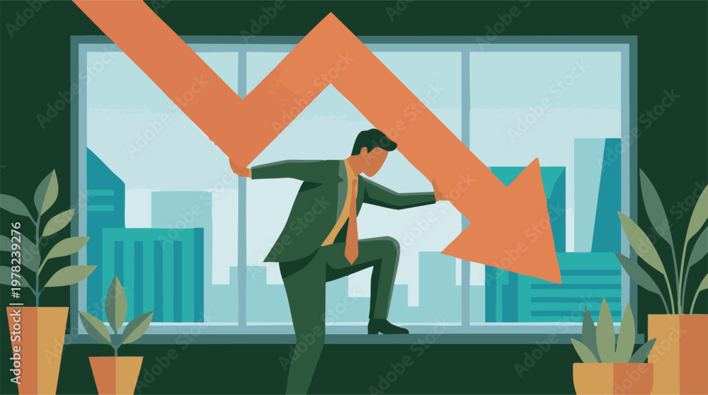 Fototapeta premium Businessman struggling to support a falling arrow, symbolizing economic downturn