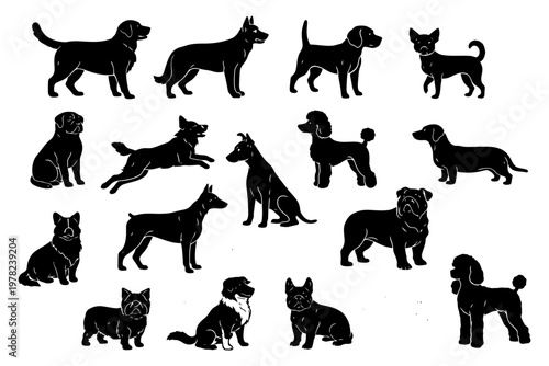 Silhouette collection of diverse dog breeds in profile.