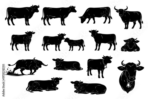 Silhouette collection of cows and bulls in various poses.