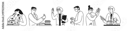 Doodle set of laboratory technicians, people conducting research. Medical science laboratory. Chemists with test tubes, analysis, samples. Vector isolated illustration