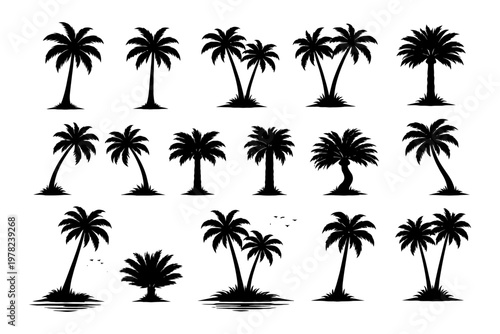 Silhouette palm trees collection with various styles and designs.