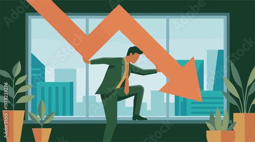 Businessman struggling to support a falling arrow, symbolizing economic downturn