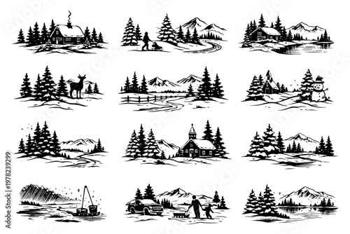 Winter landscapes: cabin, snowman, mountains, pine trees, wildlife, fishing.