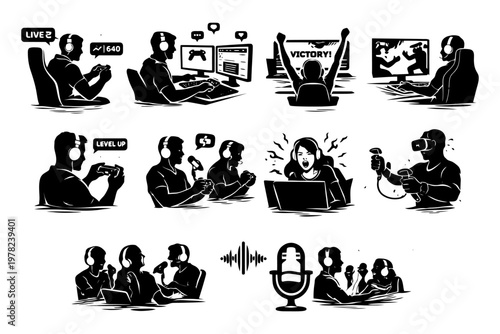 Stylized gaming scenes with male and female gamers using consoles, vr, and podcasts.