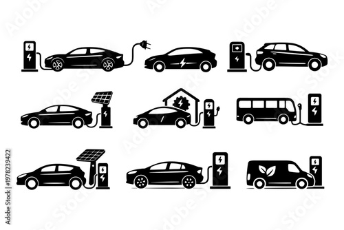 Electric and solar vehicle charging stations with various eco-friendly cars.