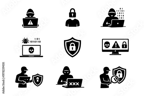 Cybersecurity icons set featuring hackers, shields, and locks.