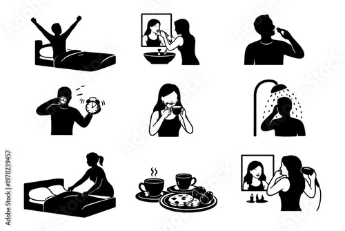 Daily routine activities illustrated in silhouette style.