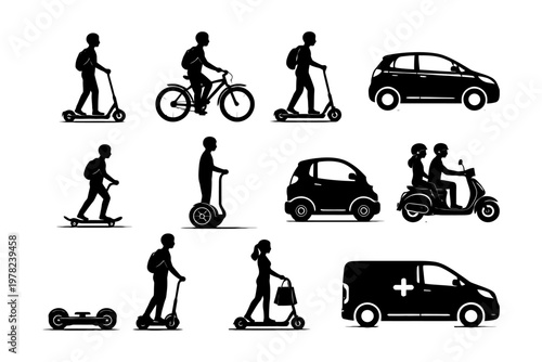 Silhouettes of urban transportation: scooters, bikes, cars, and people.
