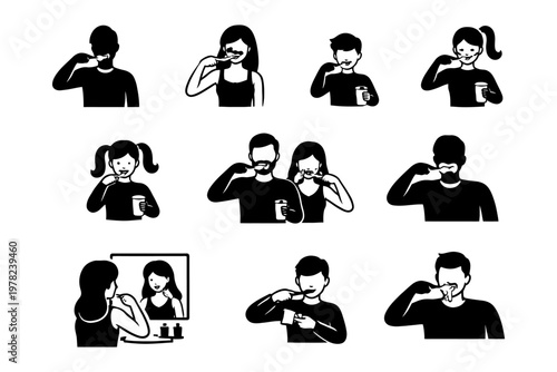 Silhouette people brushing teeth: men, women, children with toothpaste and mirror.