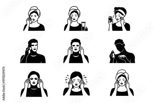 Skin care routine icons: steps for healthy facial cleansing and moisturizing.