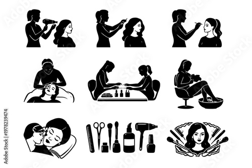 Beauty salon services icon set with hair styling and makeup.