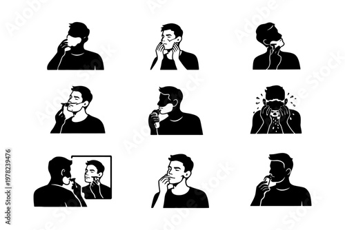 Male grooming routine illustrations of shaving and beard care techniques.