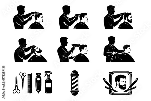 Barber techniques: haircuts and grooming tools in black silhouettes.