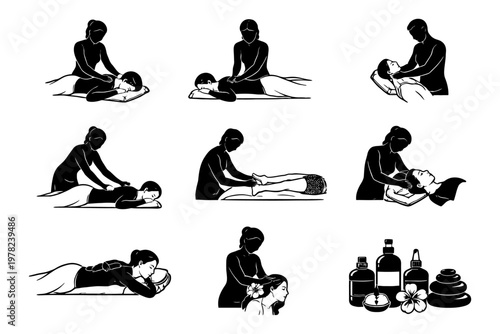 Silhouette massage therapy techniques with bottles and stones.