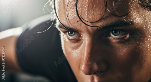 Extreme close up of a heavily sweating face with an intense expression. Portrait of an athlete during a strenuous workout or hot yoga session. Physical exertion and endurance concept