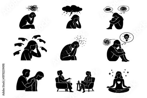 Mental health and support concepts in silhouette icons.